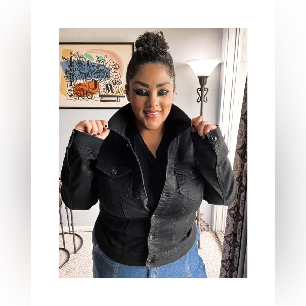 Plus Distressed Black Denim Long Sleeve Crop Jacket
